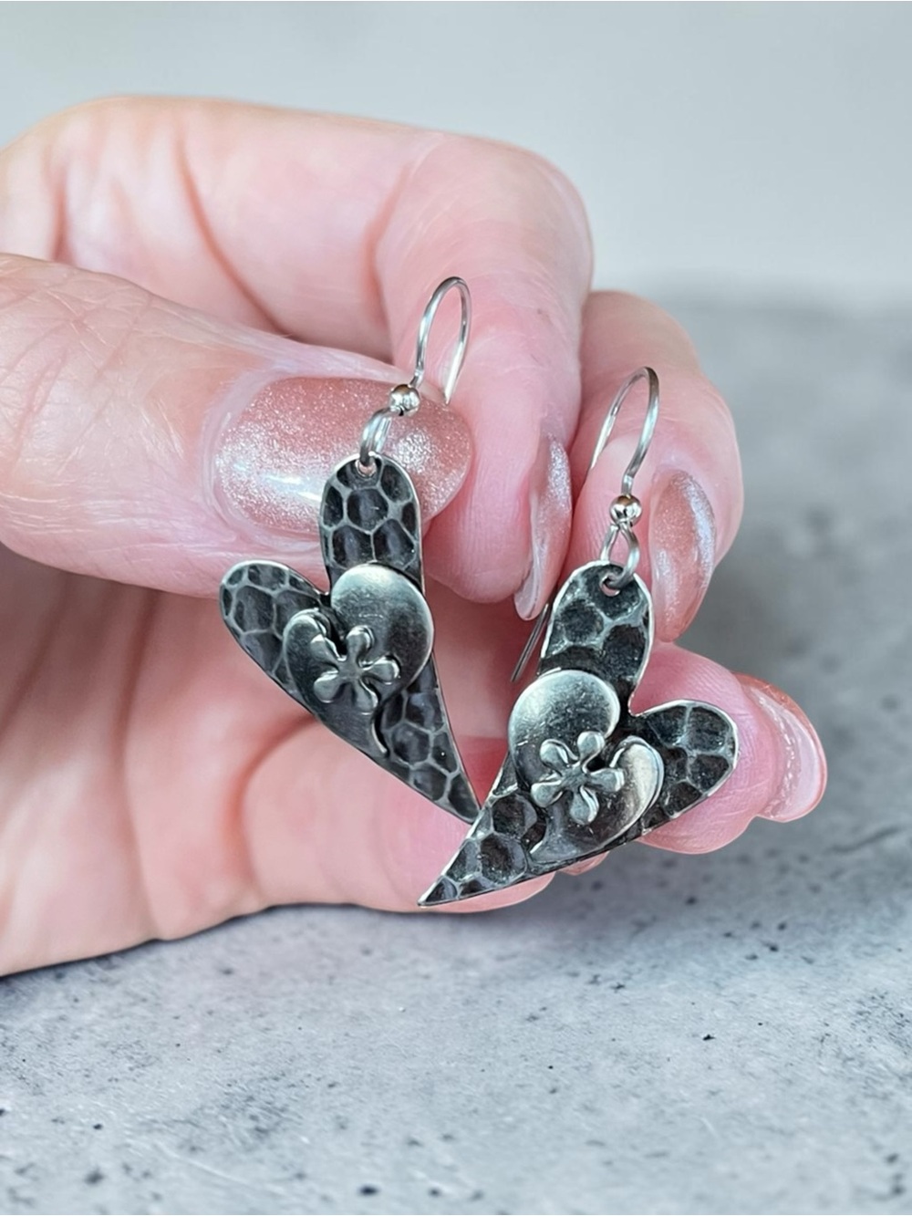 Silver Forest Layered Hammered Heart Floral Dangle Earrings